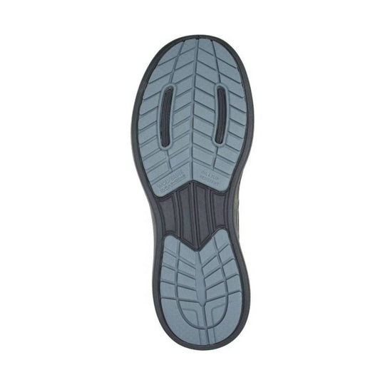 Gray and black work shoe outsole with chevron tread and two oval flex grooves