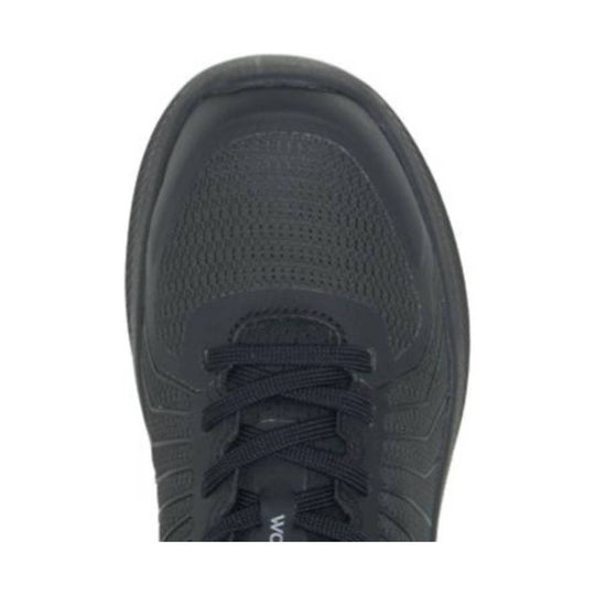 Black athletic work shoe seen from above with mesh upper and laced closure