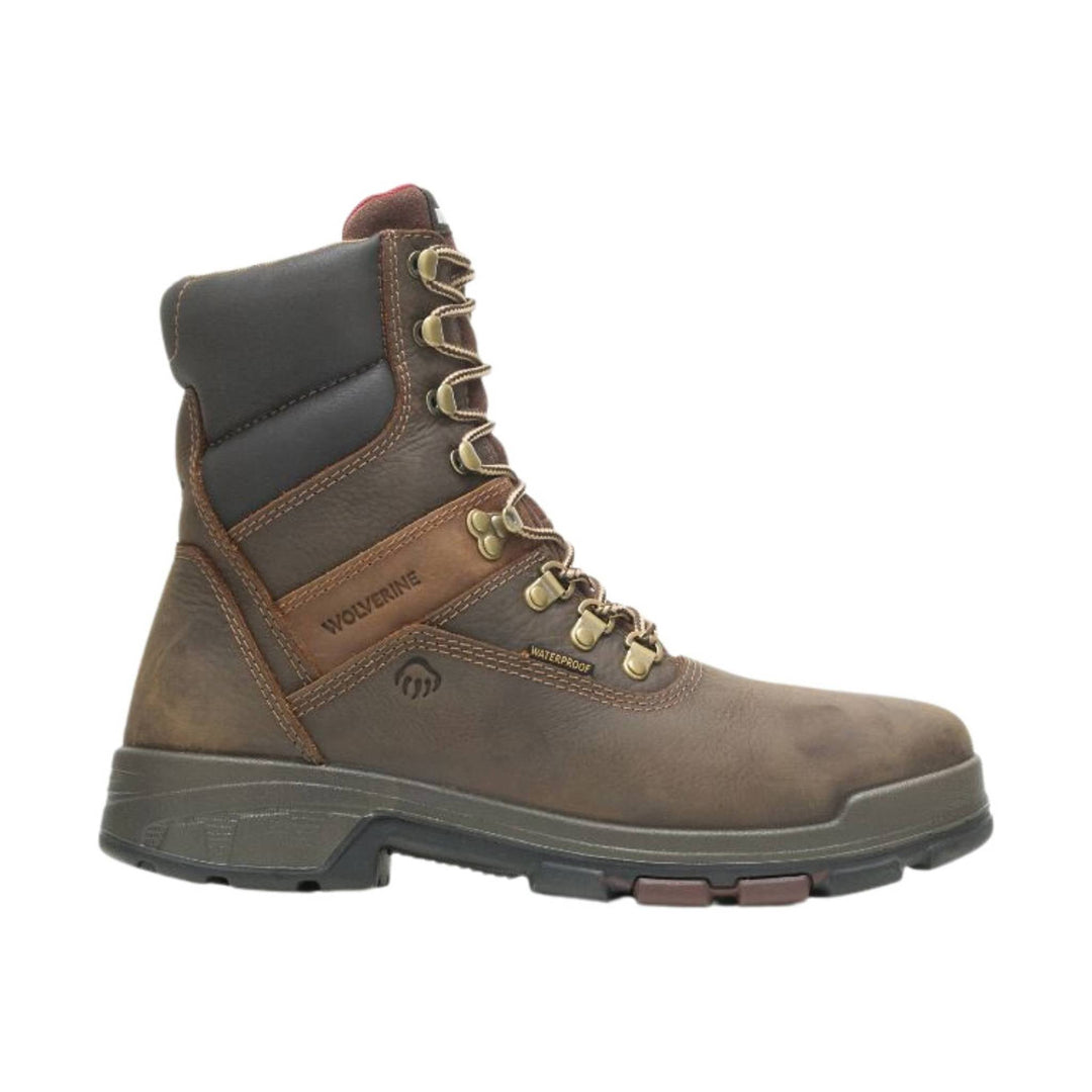 Brown waterproof lace-up work boot with black padded collar and metal eyelets, side view