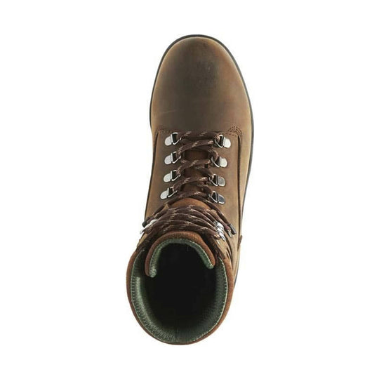 Brown lace-up work boot shown from above with metal eyelets and padded collar
