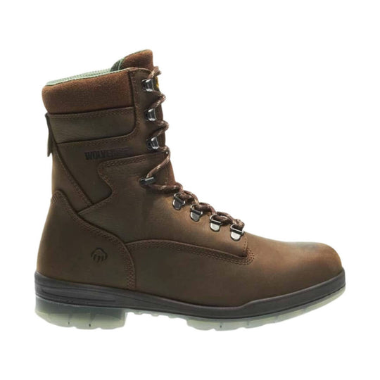 Brown leather lace-up work boot with padded collar and lug sole