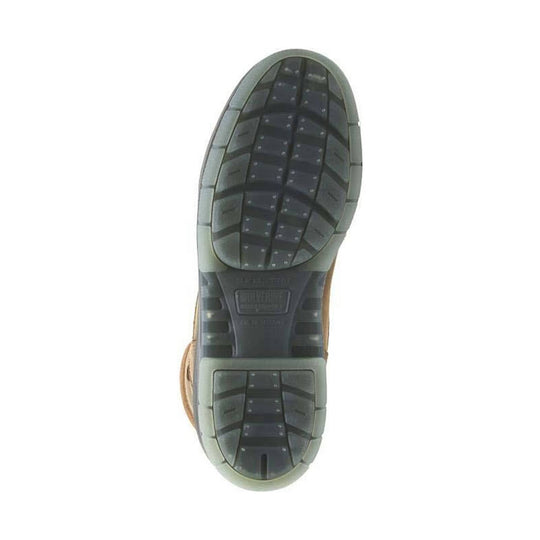 Boot outsole shown from below with deep tread and gray-black rubber lugs