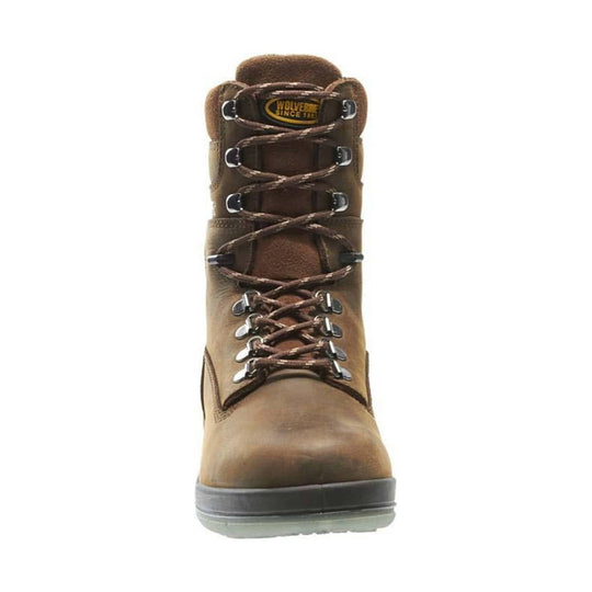 Brown leather lace-up work boot with metal eyelets and a rubber sole