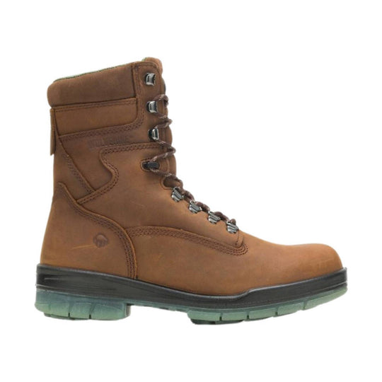 Brown lace-up work boot with padded collar and black sole