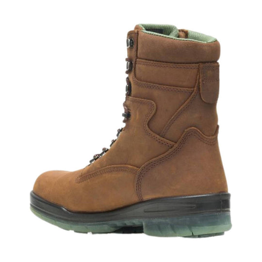 Brown lace-up work boot with padded collar and black lug sole