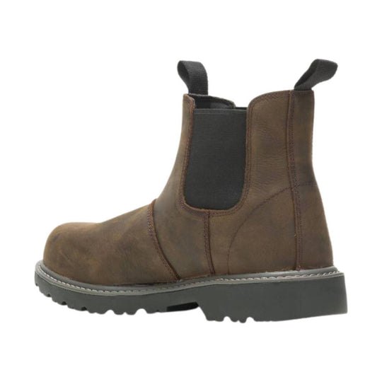 Brown leather Chelsea work boot with black elastic side panels and a thick lug sole