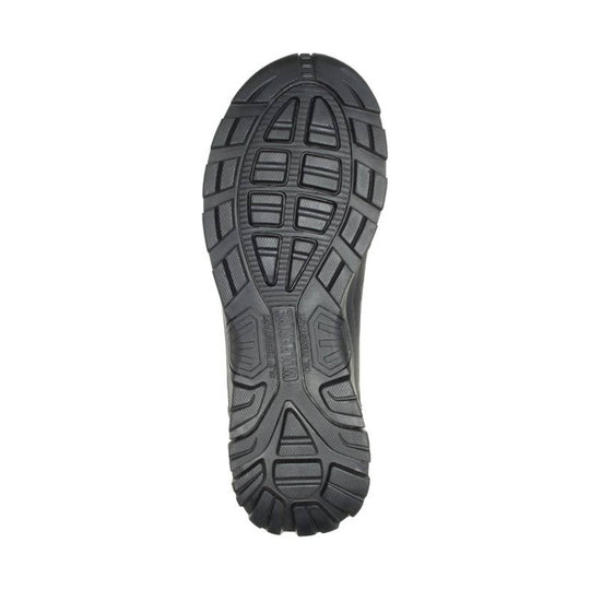 Black boot outsole with deep lugged tread and embossed Wolverine branding