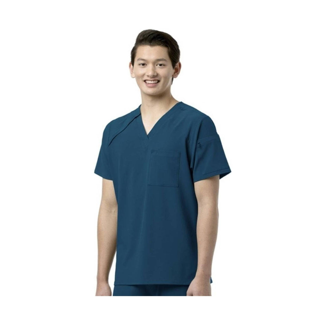 Navy short-sleeve scrub top with V-neck and chest pocket