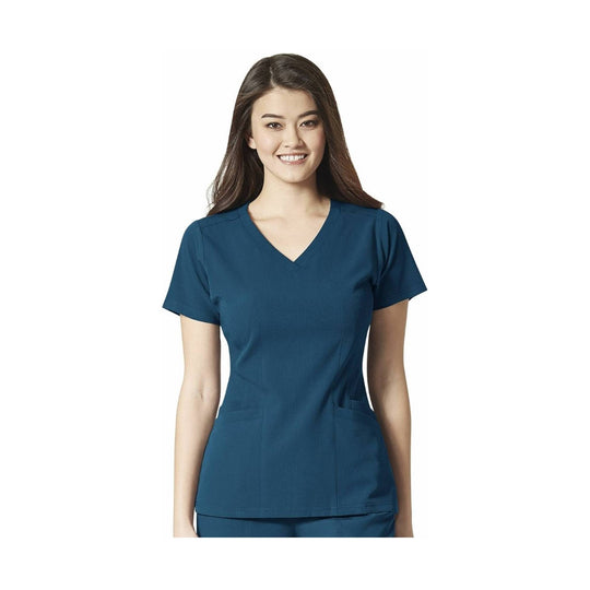 Teal V-neck scrub top with short sleeves and front pockets