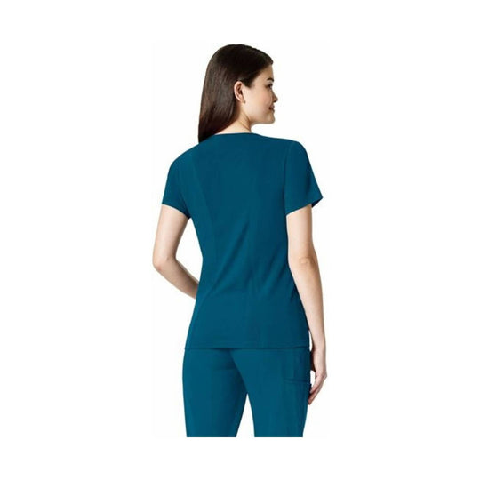 Teal short-sleeve V-neck scrub top shown from the back on a model