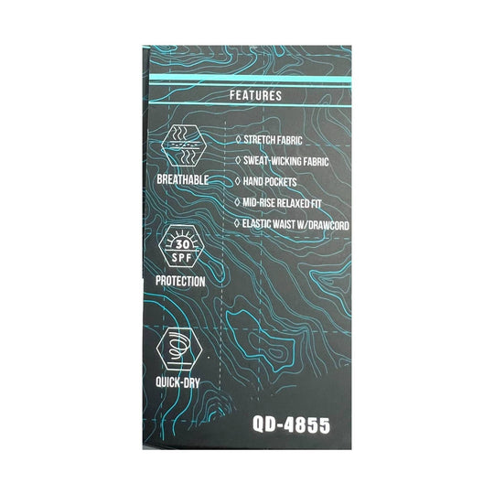 Black product hangtag listing breathable, quick-dry shorts features and 30 SPF protection