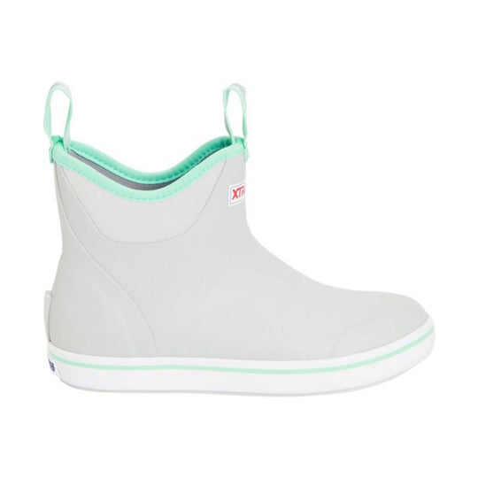 White ankle rain boot with mint trim, pull tabs, and a white rubber sole