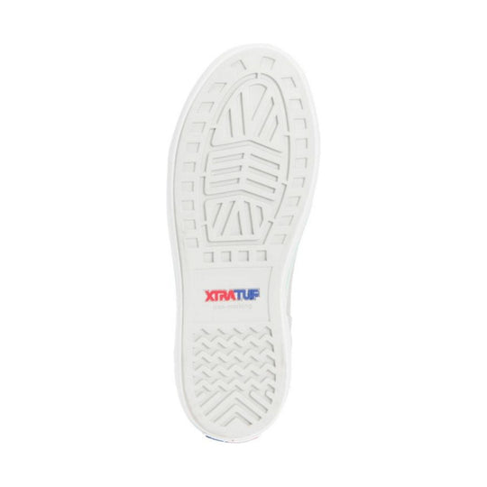 White boot outsole with embossed tread and XTRATUF logo