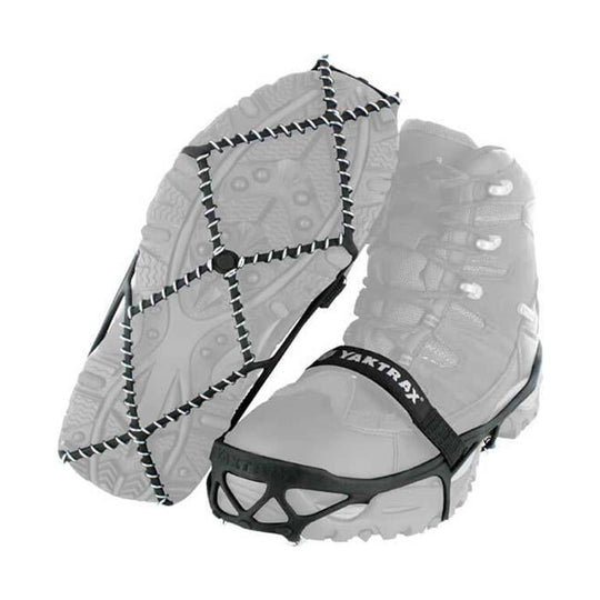 Black and silver shoe traction cleats with coiled metal spikes and elastic straps, shown from the sole and side