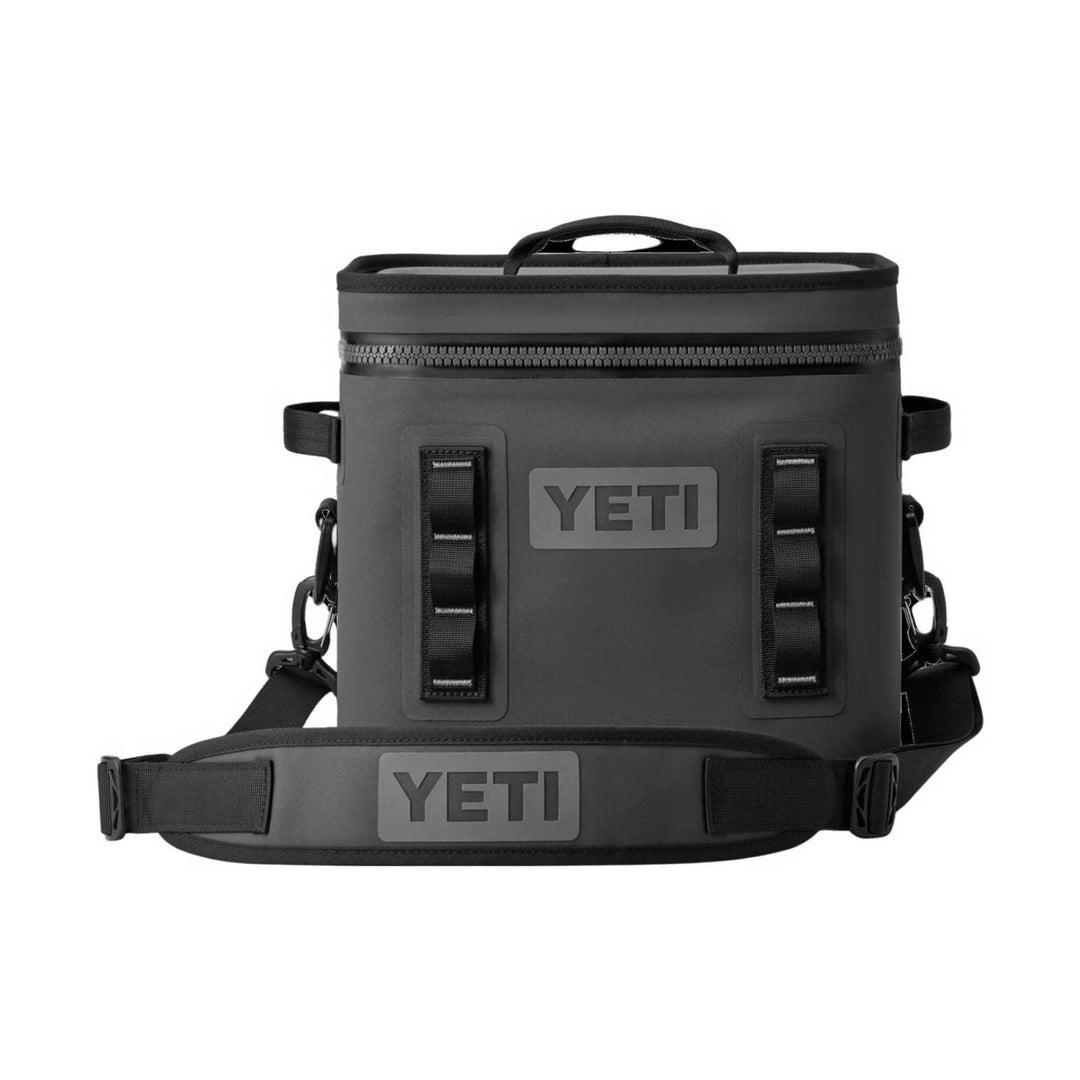 Dark gray soft cooler bag with zip top, carry handles, and shoulder strap