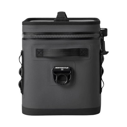 Dark gray soft-sided cooler with a zipper lid, front handle, and side carry straps