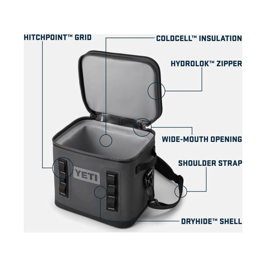Open gray soft cooler with shoulder strap and zipper callouts