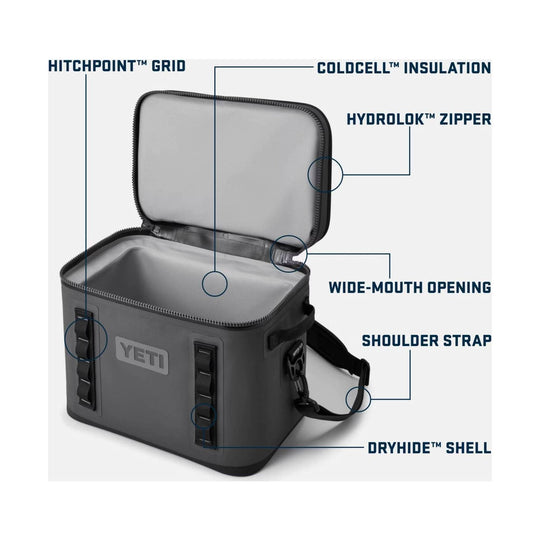 Gray soft cooler with lid open, shoulder strap, and callouts for Hitchpoint Grid, ColdCell insulation, HydroLok zipper, wide-mouth opening, and DryHide shell.