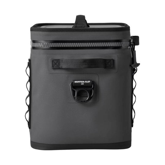 Dark gray soft cooler with zipper lid, top handle, side carry straps, and front latch