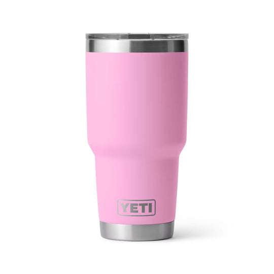 Pink insulated travel tumbler with stainless steel lid and base, showing YETI logo