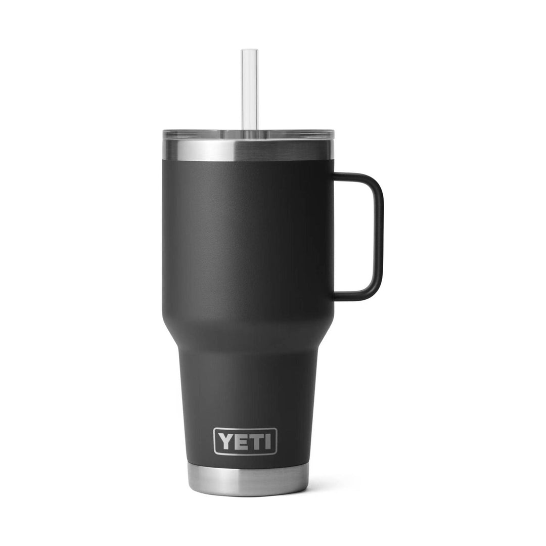 Black handled tumbler with stainless steel accents and a clear straw