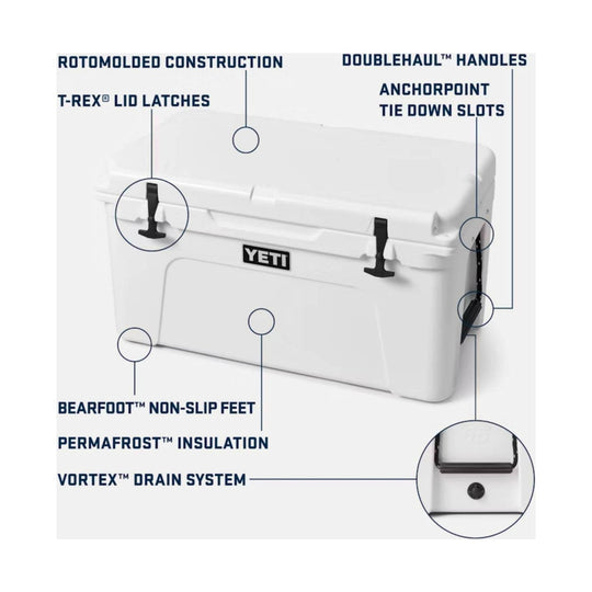 White hard cooler with top lid latches, side handles, tie-down slots, non-slip feet, and drain system callouts