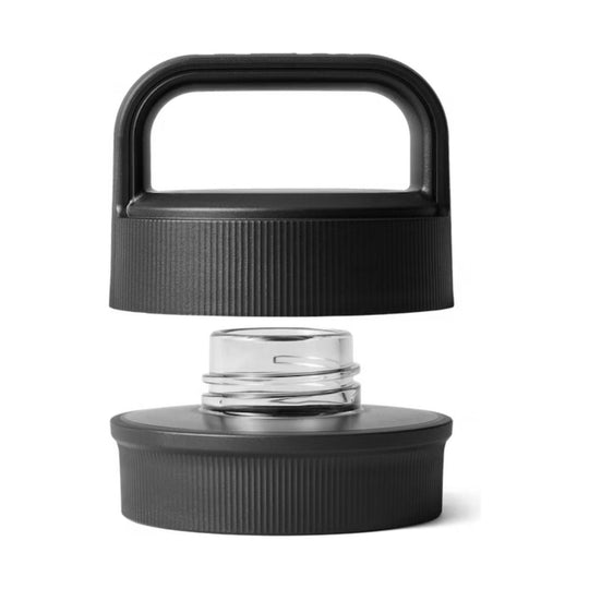 Black ribbed water bottle cap and base with clear threaded connector