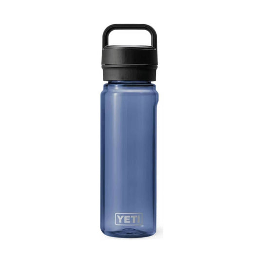 Translucent blue water bottle with a black carry handle and cap