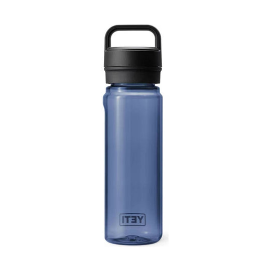 Translucent blue water bottle with black screw-on lid and loop handle, shown upright