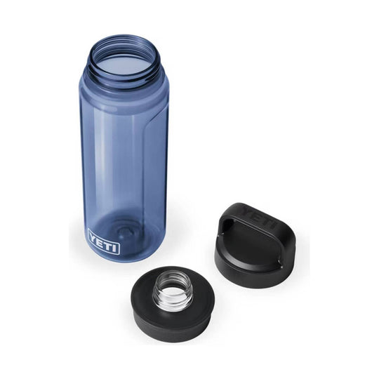 Translucent blue water bottle with black screw-on lid and matching cap, shown with the lid removed
