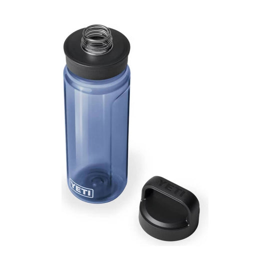 Translucent blue plastic water bottle with black screw-on cap and separate black drinking spout lid, shown open